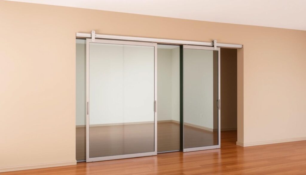 A sleek, minimalist interior with a sliding glass door mounted on a recessed wall track. The door panels glide effortlessly, their reflective surfaces capturing the soft ambient lighting. The walls are a muted, earthy tone, providing a clean backdrop that allows the glass to take center stage. The floor is a smooth, polished hardwood that complements the modern aesthetic. The overall scene exudes a sense of elegant simplicity, highlighting the seamless integration of the sliding door system into the architectural design. A sleek, minimalist interior with a sliding glass door mounted on a recessed wall track. The door panels glide effortlessly, their reflective surfaces capturing the soft ambient lighting. The walls are a muted, earthy tone, providing a clean backdrop that allows the glass to take center stage. The floor is a smooth, polished hardwood that complements the modern aesthetic. The overall scene exudes a sense of elegant simplicity, highlighting the seamless integration of the sliding door system into the architectural design.