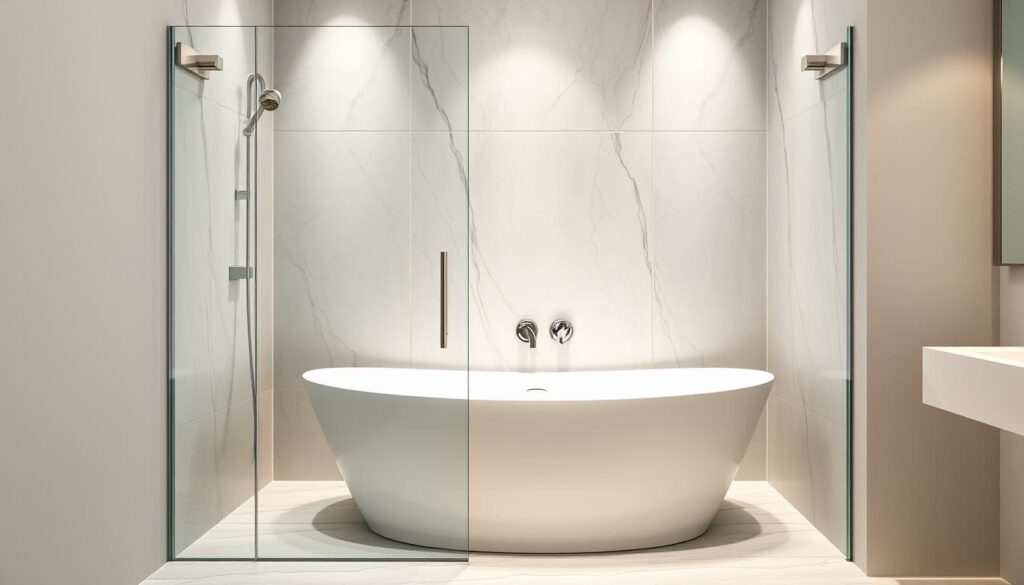 A sleek, minimalist shower enclosure embracing a modern bathtub, crafted with tempered glass panels that seamlessly blend into the bathroom's elegant decor. Subtle chrome fittings accentuate the streamlined design, while strategic lighting casts a warm, inviting glow. The transparent glass panels provide a strong barrier against water splashes, ensuring a dry, tidy environment. The overall composition exudes a sense of refined luxury, perfectly suited for a sophisticated, spa-like bathroom experience.