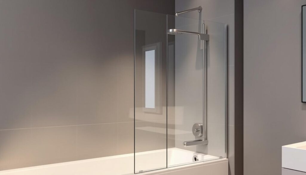 A sleek, minimalist shower enclosure seamlessly integrated into the corner of a modern bathroom. The glass panel reflects the warm, diffused lighting, creating a sense of spaciousness and elegance. Muted tones of grey and white dominate the scene, accented by the brushed metal hardware. The enclosure is frameless, with clean lines and a seamless transition from the bathtub to the shower area. The design is both practical and visually appealing, reflecting the section's focus on "Montagefreundlich und nachhaltig gedacht". A sleek, minimalist shower enclosure seamlessly integrated into the corner of a modern bathroom. The glass panel reflects the warm, diffused lighting, creating a sense of spaciousness and elegance. Muted tones of grey and white dominate the scene, accented by the brushed metal hardware. The enclosure is frameless, with clean lines and a seamless transition from the bathtub to the shower area. The design is both practical and visually appealing, reflecting the section's focus on "Montagefreundlich und nachhaltig gedacht".
