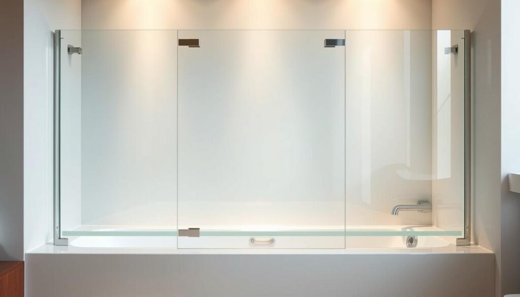 A sleek, modern bathroom accessory - a stylish bathtub enclosure made of high-quality glass. The enclosure features a minimalist, frameless design with clean, straight lines, allowing it to seamlessly integrate into any bathroom decor. The glass panels are meticulously crafted, with a smooth, flawless surface that reflects the light elegantly. The enclosure is mounted on the bathtub, creating a functional and visually appealing transition between the tub and the shower area. The lighting is soft and diffused, casting a warm, inviting glow throughout the space. The overall atmosphere is one of sophistication, tranquility, and spa-like luxury. A sleek, modern bathroom accessory - a stylish bathtub enclosure made of high-quality glass. The enclosure features a minimalist, frameless design with clean, straight lines, allowing it to seamlessly integrate into any bathroom decor. The glass panels are meticulously crafted, with a smooth, flawless surface that reflects the light elegantly. The enclosure is mounted on the bathtub, creating a functional and visually appealing transition between the tub and the shower area. The lighting is soft and diffused, casting a warm, inviting glow throughout the space. The overall atmosphere is one of sophistication, tranquility, and spa-like luxury.