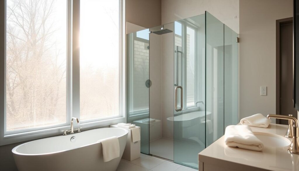 A sleek, modern bathroom showcasing a custom-fitted glass shower enclosure. Sunlight streams through large windows, casting a warm, natural glow over the space. The frameless glass panels seamlessly integrate with the tub, creating a cohesive, high-end aesthetic. Elegant chrome fixtures and plush towels add refined accents, while the minimalist design allows the quality of the materials to shine. The overall atmosphere exudes a sense of luxury, comfort, and attention to detail - a bespoke solution tailored perfectly to the homeowner's needs and preferences.