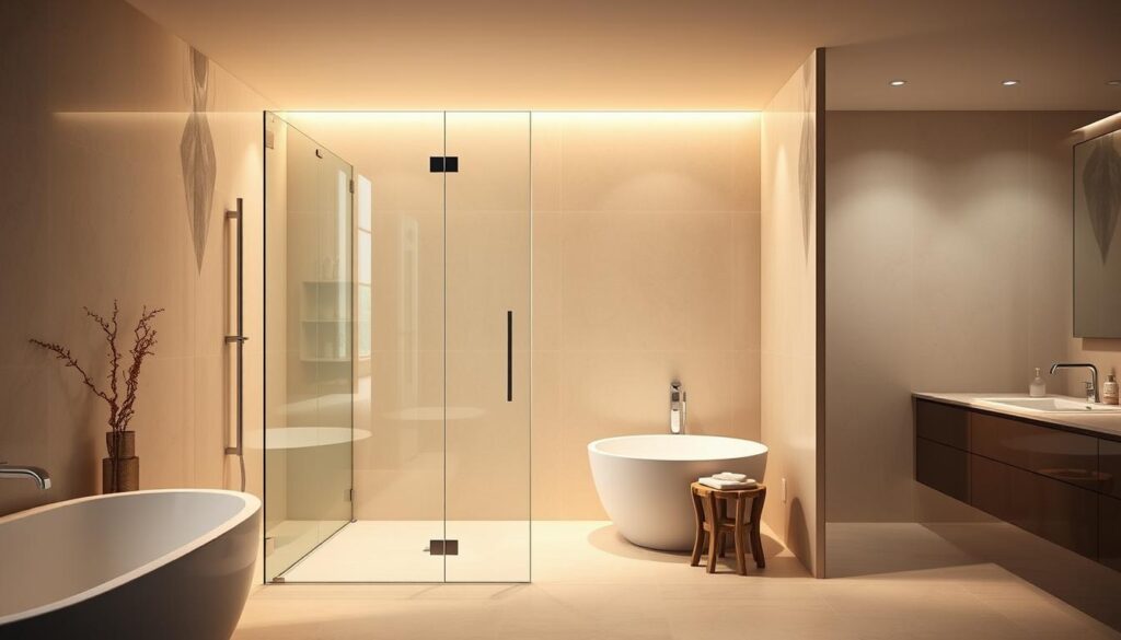 A sleek, modern duschabtrennung, a frameless glass partition that effortlessly delineates the showering space within a spacious bathroom. Minimalist in design, the glass panels reflect the warm lighting, creating a luminous, spa-like ambiance. The seamless transition between the shower area and the rest of the bathroom blurs the boundaries, fostering a sense of openness and tranquility. Captured from an elevated angle, the image showcases the elegant curves and clean lines of the duschabtrennung, highlighting its functionality and aesthetic appeal. The scene is bathed in soft, diffused lighting, emphasizing the high-quality materials and the precision craftsmanship of this tailor-made shower enclosure. A sleek, modern duschabtrennung, a frameless glass partition that effortlessly delineates the showering space within a spacious bathroom. Minimalist in design, the glass panels reflect the warm lighting, creating a luminous, spa-like ambiance. The seamless transition between the shower area and the rest of the bathroom blurs the boundaries, fostering a sense of openness and tranquility. Captured from an elevated angle, the image showcases the elegant curves and clean lines of the duschabtrennung, highlighting its functionality and aesthetic appeal. The scene is bathed in soft, diffused lighting, emphasizing the high-quality materials and the precision craftsmanship of this tailor-made shower enclosure.