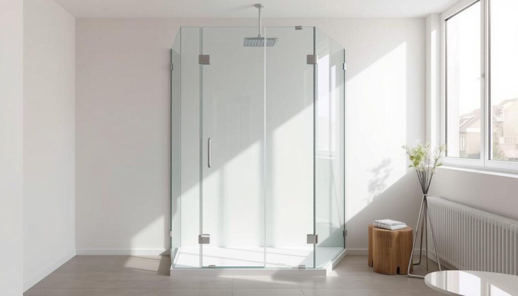 A sleek, modern duschabtrennung (shower enclosure) takes center stage in a sunlit, minimalist bathroom. The tempered glass panels reflect the soft, diffused lighting, creating a sense of openness and tranquility. The angular, customized design seamlessly integrates with the room's clean, contemporary aesthetic, showcasing the attention to detail and tailored consultation provided by Glastürhop24. The layout and placement of the duschabtrennung are carefully considered, optimizing the available space and enhancing the overall visual harmony of the space. A serene, spa-like atmosphere pervades the scene, inviting the viewer to imagine the calming, personalized experience of using this bespoke shower solution.