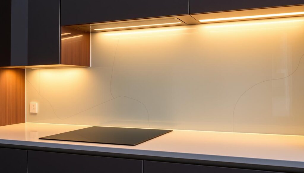 A sleek, modern glass kitchen backsplash with a seamless, high-quality finish. The surface is smooth and reflective, effortlessly blending into the kitchen's contemporary design. Subtle geometric patterns or a minimalist, solid color creates a sophisticated, elegant look. The backsplash extends from the countertop to the upper cabinets, providing ample coverage and protection against splashes and stains. Warm, indirect lighting casts a soft glow, highlighting the glass's transparency and depth. The backsplash is flush-mounted, creating a clean, integrated appearance. The image showcases the customizable nature of the backsplash, emphasizing the ability to select the perfect size, shape, and color to complement the kitchen's aesthetic. A sleek, modern glass kitchen backsplash with a seamless, high-quality finish. The surface is smooth and reflective, effortlessly blending into the kitchen's contemporary design. Subtle geometric patterns or a minimalist, solid color creates a sophisticated, elegant look. The backsplash extends from the countertop to the upper cabinets, providing ample coverage and protection against splashes and stains. Warm, indirect lighting casts a soft glow, highlighting the glass's transparency and depth. The backsplash is flush-mounted, creating a clean, integrated appearance. The image showcases the customizable nature of the backsplash, emphasizing the ability to select the perfect size, shape, and color to complement the kitchen's aesthetic.