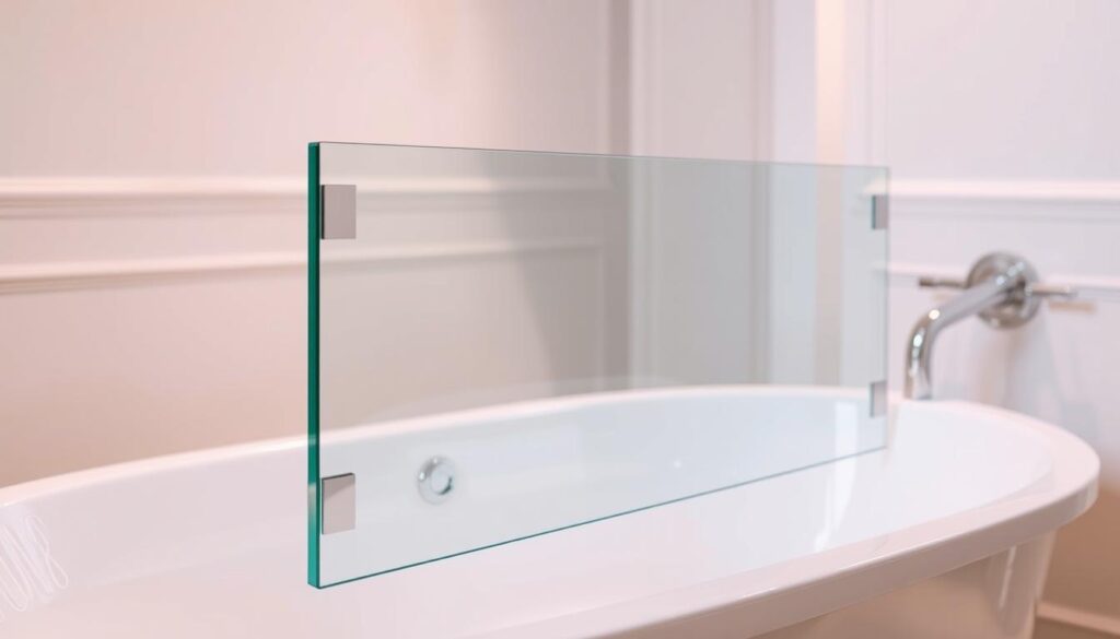 A sleek, modern glass panel sitting atop a classic bathtub, its seamless design and polished chrome accents reflecting the luxurious bathroom setting. The panel is positioned at a slight angle, creating a striking visual effect and providing a barrier against water splashes. Soft, warm lighting illuminates the scene, casting a gentle glow and highlighting the glass's transparency. The overall atmosphere exudes sophistication and attention to detail, perfectly complementing the "Glas-Duschlösungen für Badewannen: Elegant, pflegeleicht und passgenau" theme. A sleek, modern glass panel sitting atop a classic bathtub, its seamless design and polished chrome accents reflecting the luxurious bathroom setting. The panel is positioned at a slight angle, creating a striking visual effect and providing a barrier against water splashes. Soft, warm lighting illuminates the scene, casting a gentle glow and highlighting the glass's transparency. The overall atmosphere exudes sophistication and attention to detail, perfectly complementing the "Glas-Duschlösungen für Badewannen: Elegant, pflegeleicht und passgenau" theme.