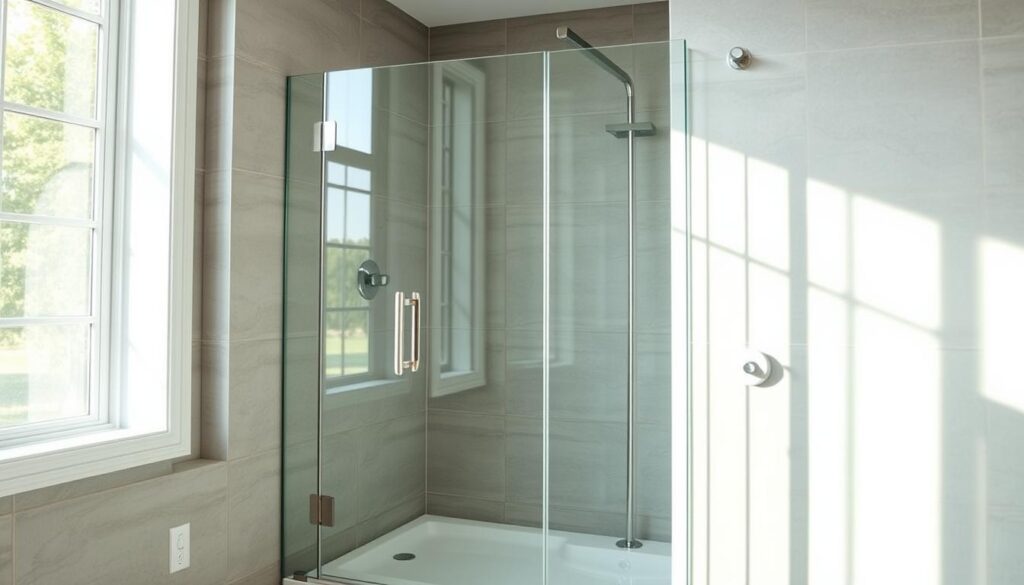 A sleek, modern glass shower door stands in a beautifully lit bathroom. The door is seamlessly integrated into the tiled walls, creating a minimalist, high-end aesthetic. Bright, natural light streams in through large windows, illuminating the space and reflecting off the smooth, tempered glass surface. The door's clean lines and frameless design give the impression of effortless elegance, perfectly complementing the sophisticated and spa-like atmosphere of the room. The glass is crystal clear, allowing an unobstructed view of the shower area and creating a sense of openness and airiness. The overall scene exudes a feeling of luxurious, high-quality design, perfectly suited for the article's subject and section title. A sleek, modern glass shower door stands in a beautifully lit bathroom. The door is seamlessly integrated into the tiled walls, creating a minimalist, high-end aesthetic. Bright, natural light streams in through large windows, illuminating the space and reflecting off the smooth, tempered glass surface. The door's clean lines and frameless design give the impression of effortless elegance, perfectly complementing the sophisticated and spa-like atmosphere of the room. The glass is crystal clear, allowing an unobstructed view of the shower area and creating a sense of openness and airiness. The overall scene exudes a feeling of luxurious, high-quality design, perfectly suited for the article's subject and section title.