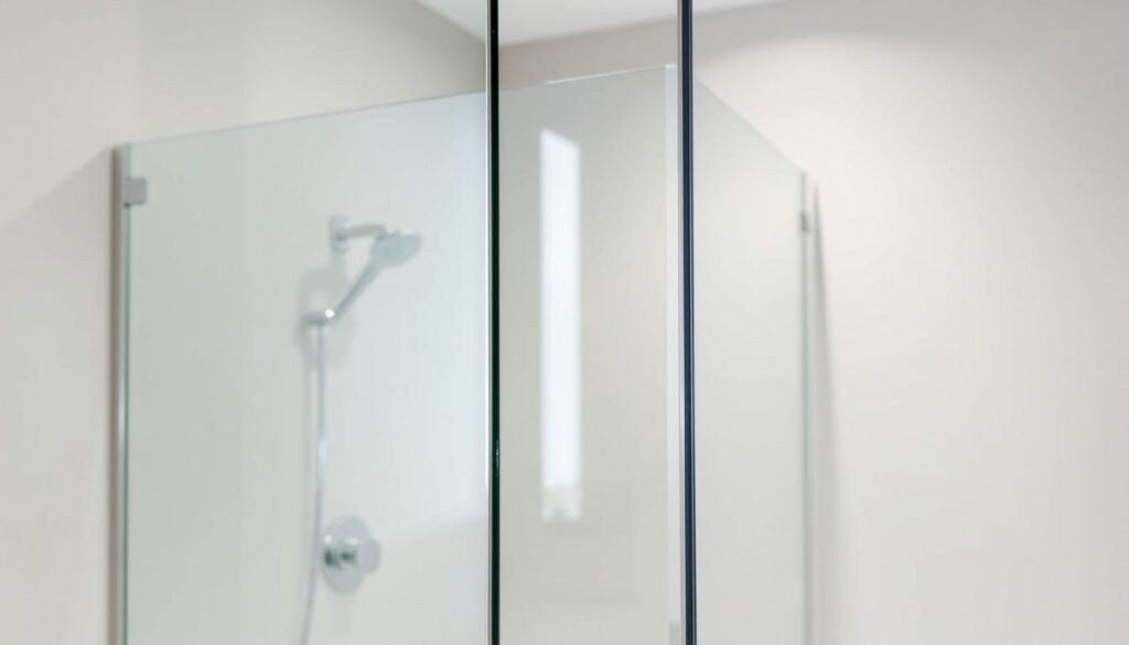 A sleek, modern glass shower enclosure set against a minimalist backdrop. In the foreground, a tempered glass seitenwand spritzschutz (side panel) reflects the light, its clean lines and seamless integration creating a sense of open, uncluttered space. The panel is framed by a polished metal trim, adding a touch of industrial elegance. In the middle ground, the walk-in shower layout is visible, with the glass panel seamlessly transitioning into the rest of the enclosure. The lighting is soft and diffused, creating a calming, spa-like atmosphere. The background features a simple, neutral-toned wall, allowing the shower's modern design to take center stage. Overall, the image conveys a high-end, luxurious aesthetic that perfectly complements the article's focus on customizing a walk-in shower.