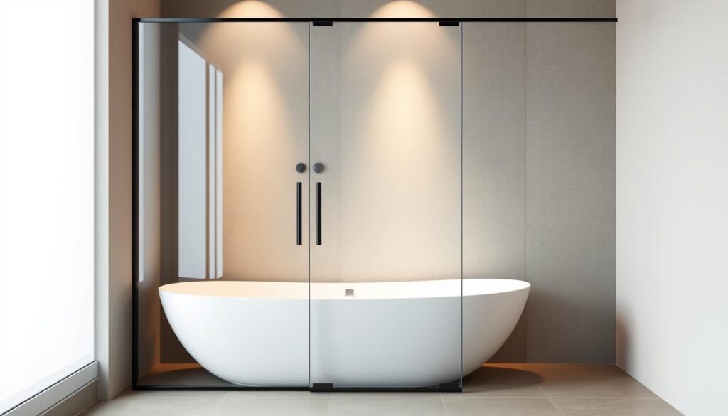 A sleek, modern glass shower enclosure standing elegantly beside a classic porcelain bathtub. Frameless panels of tempered glass, seamlessly integrated, create a spacious, open-concept design that effortlessly blends form and function. Soft, diffused lighting filters through the translucent panes, casting a warm, inviting glow across the pristine, tiled floor. The shower's minimalist silhouette and clean lines exude a sense of refined sophistication, perfectly complementing the timeless aesthetic of the bathtub. This luxurious, spa-like setup embodies the perfect balance of comfort, protection, and style - a modern interpretation of the classic bathroom. A sleek, modern glass shower enclosure standing elegantly beside a classic porcelain bathtub. Frameless panels of tempered glass, seamlessly integrated, create a spacious, open-concept design that effortlessly blends form and function. Soft, diffused lighting filters through the translucent panes, casting a warm, inviting glow across the pristine, tiled floor. The shower's minimalist silhouette and clean lines exude a sense of refined sophistication, perfectly complementing the timeless aesthetic of the bathtub. This luxurious, spa-like setup embodies the perfect balance of comfort, protection, and style - a modern interpretation of the classic bathroom.