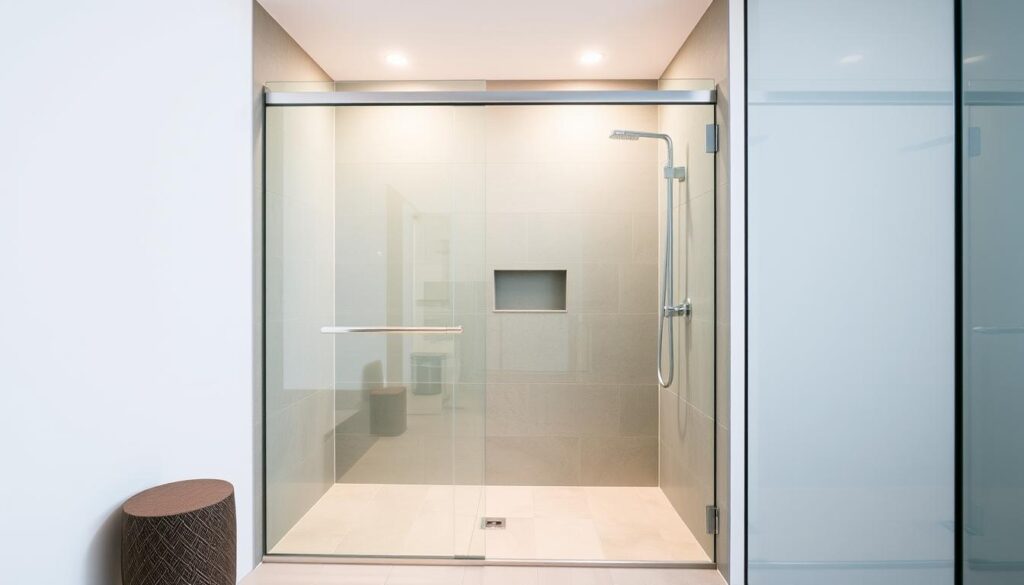 A sleek, modern glass shower enclosure stands in the corner of a well-appointed bathroom. The frameless, transparent panels stretch from the tiled floor to the ceiling, creating a seamless, minimalist aesthetic. Soft, diffused lighting illuminates the space, casting a warm glow and accentuating the smooth, clean lines of the glass. The shower door slides effortlessly along a discreet track, providing easy access and a sense of openness. The entire installation is precision-engineered, with meticulous attention to detail, reflecting the high-quality craftsmanship of Glastürhop24's custom-made solutions. The result is a stunning, functional, and visually appealing shower enclosure that seamlessly integrates into the overall bathroom design. A sleek, modern glass shower enclosure stands in the corner of a well-appointed bathroom. The frameless, transparent panels stretch from the tiled floor to the ceiling, creating a seamless, minimalist aesthetic. Soft, diffused lighting illuminates the space, casting a warm glow and accentuating the smooth, clean lines of the glass. The shower door slides effortlessly along a discreet track, providing easy access and a sense of openness. The entire installation is precision-engineered, with meticulous attention to detail, reflecting the high-quality craftsmanship of Glastürhop24's custom-made solutions. The result is a stunning, functional, and visually appealing shower enclosure that seamlessly integrates into the overall bathroom design.
