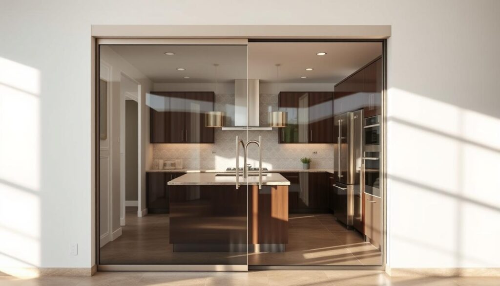 A sleek, modern glass sliding door against a backdrop of a sophisticated kitchen interior. The door frame is made of polished stainless steel, seamlessly integrated into the kitchen's design. Sunlight streams through the tempered glass panels, casting a warm glow across the tiled floor and granite countertops. The door's mechanism is hidden, allowing for a clean, uninterrupted visual flow. Subtle shadows and reflections add depth and texture to the scene. The overall atmosphere is one of understated elegance, showcasing the versatility and custom-tailored nature of this glass sliding door solution for the kitchen. A sleek, modern glass sliding door against a backdrop of a sophisticated kitchen interior. The door frame is made of polished stainless steel, seamlessly integrated into the kitchen's design. Sunlight streams through the tempered glass panels, casting a warm glow across the tiled floor and granite countertops. The door's mechanism is hidden, allowing for a clean, uninterrupted visual flow. Subtle shadows and reflections add depth and texture to the scene. The overall atmosphere is one of understated elegance, showcasing the versatility and custom-tailored nature of this glass sliding door solution for the kitchen.