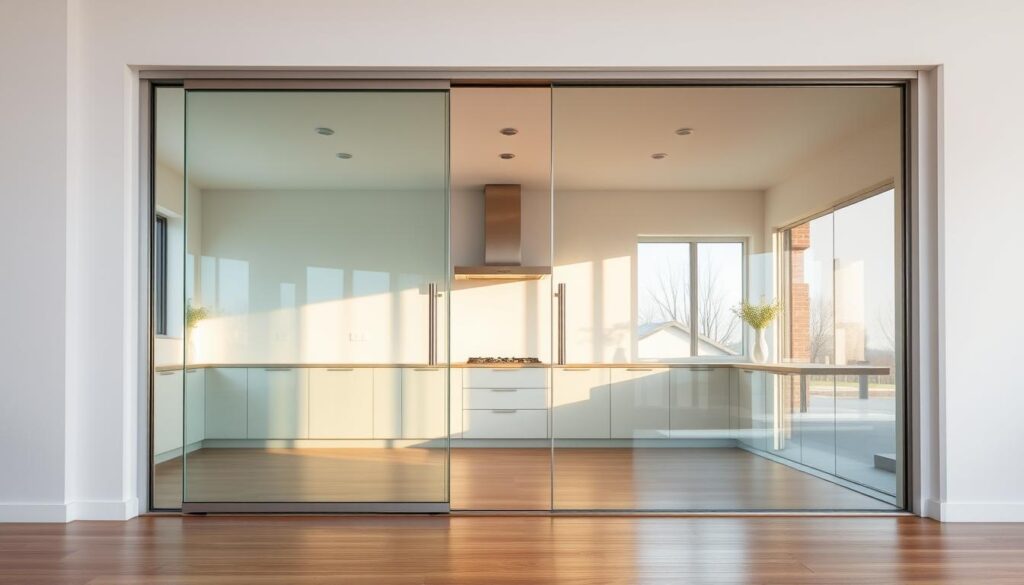 A sleek, modern glass sliding door dominates the frame, its polished surface reflecting the warm glow of natural light streaming in from the kitchen windows. The door seamlessly integrates with the minimalist, open-concept design, creating a sense of spatial fluidity and visual elegance. Subtle chrome hardware accentuates the door's clean lines, while the frameless construction maximizes the impression of transparent, boundless space. Underfoot, a gleaming hardwood floor echoes the refined aesthetic, complementing the overall harmony of light, simplicity and refined functionality that embodies the essence of a contemporary kitchen. A sleek, modern glass sliding door dominates the frame, its polished surface reflecting the warm glow of natural light streaming in from the kitchen windows. The door seamlessly integrates with the minimalist, open-concept design, creating a sense of spatial fluidity and visual elegance. Subtle chrome hardware accentuates the door's clean lines, while the frameless construction maximizes the impression of transparent, boundless space. Underfoot, a gleaming hardwood floor echoes the refined aesthetic, complementing the overall harmony of light, simplicity and refined functionality that embodies the essence of a contemporary kitchen.
