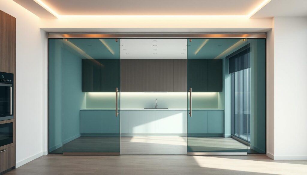 A sleek, modern glass sliding door for a kitchen interior. The large pane of tempered safety glass reflects the surrounding environment, creating a seamless, minimalist aesthetic. Warm, diffused lighting from above casts a soft glow, accentuating the transparency and structural elegance of the glass. The door slides effortlessly on a discreet track system, allowing for easy access and open, airy flow between spaces. The polished, stainless steel hardware complements the glass, contributing to an overall high-quality, sophisticated look. Crisp shadows and subtle highlights enhance the depth and materiality of the composition, conveying a sense of architectural precision and functional design.