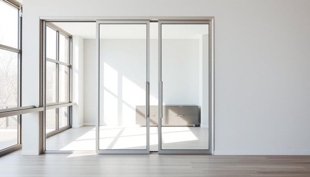 A sleek, modern glass sliding door in a minimalist interior setting. The door's tempered glass panels reflect the natural light streaming in from large windows, creating a sense of openness and seamless flow between spaces. The door is framed by a slim, aluminum track system that glides smoothly, allowing for effortless transition between rooms. The background features a neutral-toned wall, complementing the clean, sophisticated aesthetic. The lighting is soft and diffused, highlighting the transparency and elegance of the glass. The overall scene conveys a harmonious blend of form and function, perfectly suited for a contemporary home. A sleek, modern glass sliding door in a minimalist interior setting. The door's tempered glass panels reflect the natural light streaming in from large windows, creating a sense of openness and seamless flow between spaces. The door is framed by a slim, aluminum track system that glides smoothly, allowing for effortless transition between rooms. The background features a neutral-toned wall, complementing the clean, sophisticated aesthetic. The lighting is soft and diffused, highlighting the transparency and elegance of the glass. The overall scene conveys a harmonious blend of form and function, perfectly suited for a contemporary home.