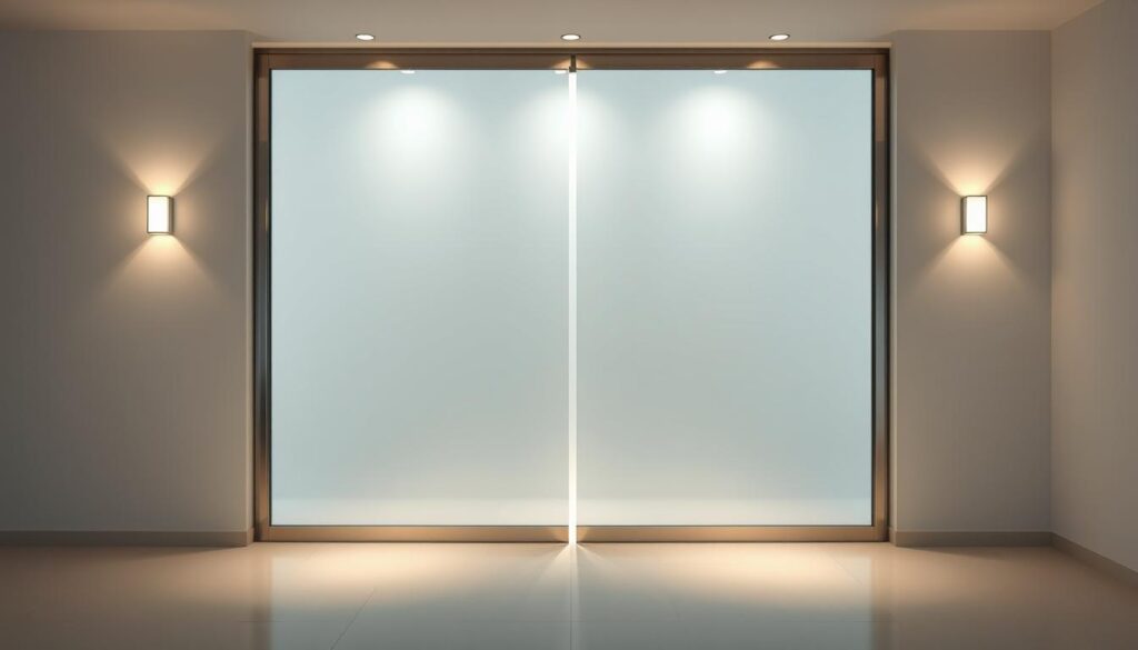A sleek, modern glass sliding door in a well-lit, minimalist interior. The door's surface features a subtle satin finish, creating a soft, diffused appearance that plays with the light. The frame is made of high-quality, brushed aluminum, seamlessly blending with the surrounding walls. The door glides effortlessly on a concealed track system, inviting a sense of elegance and functionality. Carefully placed lighting fixtures cast a warm, ambient glow, highlighting the clean lines and elegant simplicity of the design. The overall scene conveys a sense of sophistication, where form and function converge to create a harmonious, visually striking experience. A sleek, modern glass sliding door in a well-lit, minimalist interior. The door's surface features a subtle satin finish, creating a soft, diffused appearance that plays with the light. The frame is made of high-quality, brushed aluminum, seamlessly blending with the surrounding walls. The door glides effortlessly on a concealed track system, inviting a sense of elegance and functionality. Carefully placed lighting fixtures cast a warm, ambient glow, highlighting the clean lines and elegant simplicity of the design. The overall scene conveys a sense of sophistication, where form and function converge to create a harmonious, visually striking experience.