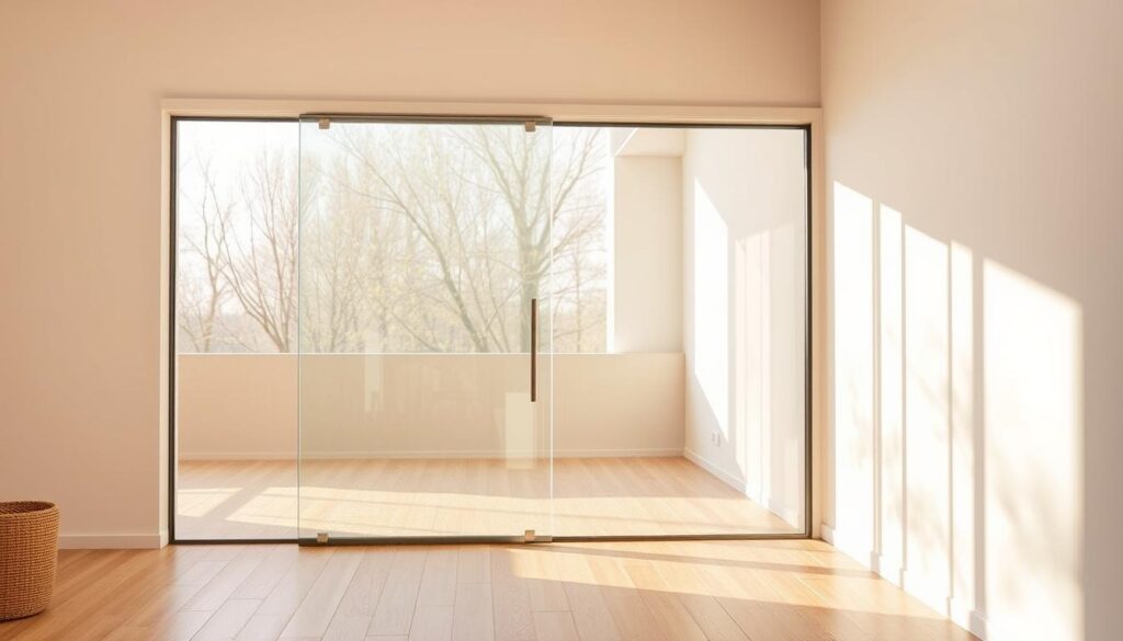 A sleek, modern glass sliding door stands elegantly in a bright, airy room. The frameless, tempered glass panel glides smoothly along a concealed track, allowing effortless transitions between indoor and outdoor spaces. Subtle metal hardware accents the minimalist design, creating a harmonious blend of transparency and functionality. Warm, natural lighting filters through the glass, illuminating the space and highlighting the door's crystalline clarity. The overall aesthetic exudes a sense of spaciousness, seamlessly integrating the indoor and outdoor environments. This sliding glass door embodies the perfect balance of style, practicality, and visual appeal, making it an ideal choice for the "Schiebetür aus Glas" section of the article.