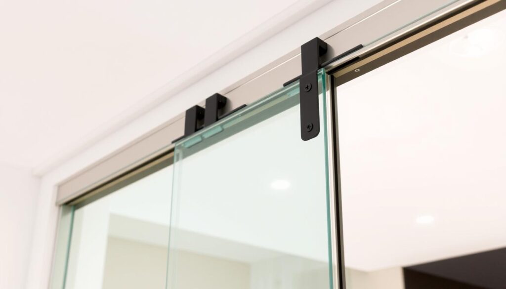A sleek, modern glass sliding door system set against a bright, minimalist interior. The tempered glass panel glides effortlessly along a sturdy, chrome-finished metal track, its clean lines and seamless integration with the surrounding decor creating an elegant, high-end aesthetic. The hardware, including the handles and hinges, are precision-engineered, with a matte black finish that complements the glass and adds a touch of sophistication. Soft, diffused lighting from recessed ceiling fixtures casts a warm glow, highlighting the transparency and reflective qualities of the glass. The overall composition emphasizes the functionality, quality, and visual appeal of this complete sliding door system, perfectly suited for the modern, discerning homeowner. A sleek, modern glass sliding door system set against a bright, minimalist interior. The tempered glass panel glides effortlessly along a sturdy, chrome-finished metal track, its clean lines and seamless integration with the surrounding decor creating an elegant, high-end aesthetic. The hardware, including the handles and hinges, are precision-engineered, with a matte black finish that complements the glass and adds a touch of sophistication. Soft, diffused lighting from recessed ceiling fixtures casts a warm glow, highlighting the transparency and reflective qualities of the glass. The overall composition emphasizes the functionality, quality, and visual appeal of this complete sliding door system, perfectly suited for the modern, discerning homeowner.