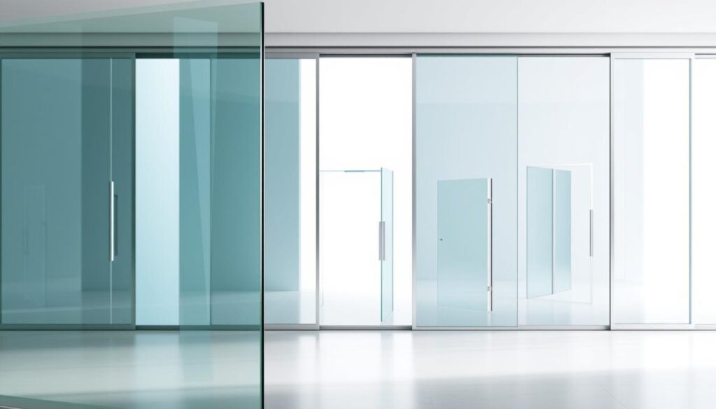 A sleek, modern glass sliding door system, showcasing various styles and dimensions. In the foreground, the main focal point is a frameless glass panel, its seamless, reflective surface capturing the room's ambiance. In the middle ground, a selection of different glass door configurations is presented, ranging from single to double panels, in varying widths and heights. The background features a clean, minimalist setting, allowing the glass doors to take center stage. Soft, even lighting illuminates the scene, highlighting the clarity and elegance of the glass materials. The overall composition conveys a sense of sophistication and attention to detail, perfectly suited to illustrate the "Varianten & Maße" section of the article. A sleek, modern glass sliding door system, showcasing various styles and dimensions. In the foreground, the main focal point is a frameless glass panel, its seamless, reflective surface capturing the room's ambiance. In the middle ground, a selection of different glass door configurations is presented, ranging from single to double panels, in varying widths and heights. The background features a clean, minimalist setting, allowing the glass doors to take center stage. Soft, even lighting illuminates the scene, highlighting the clarity and elegance of the glass materials. The overall composition conveys a sense of sophistication and attention to detail, perfectly suited to illustrate the "Varianten & Maße" section of the article.