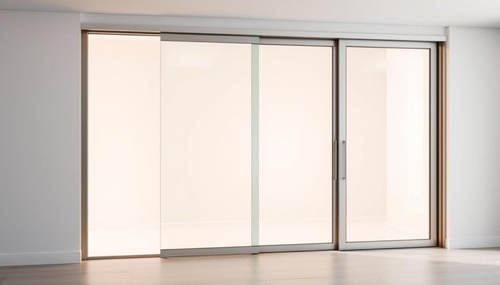 A sleek, modern glass sliding door system, with a clean, minimalist design. The door panels are made of high-quality, tempered glass, seamlessly integrated into a sturdy aluminum frame. The system features smooth, effortless sliding action, with precise, premium-grade hardware. The lighting is soft and diffused, creating a warm, inviting atmosphere. The composition showcases the door's elegant simplicity, highlighting its functionality and premium craftsmanship. The background is a serene, neutral space, allowing the sliding door system to take center stage. The overall impression is one of sophisticated, contemporary style, perfectly suited for a luxurious, high-end living space. A sleek, modern glass sliding door system, with a clean, minimalist design. The door panels are made of high-quality, tempered glass, seamlessly integrated into a sturdy aluminum frame. The system features smooth, effortless sliding action, with precise, premium-grade hardware. The lighting is soft and diffused, creating a warm, inviting atmosphere. The composition showcases the door's elegant simplicity, highlighting its functionality and premium craftsmanship. The background is a serene, neutral space, allowing the sliding door system to take center stage. The overall impression is one of sophisticated, contemporary style, perfectly suited for a luxurious, high-end living space.