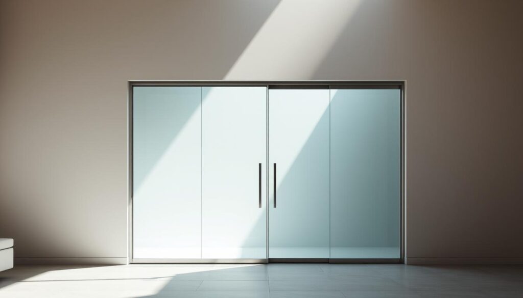 A sleek, modern glass sliding door takes center stage, its frameless design and seamless integration with the surrounding architecture creating a striking visual statement. The tempered glass panels shimmer under the gentle illumination, reflecting the nuanced interplay of light and shadow. The door's clean lines and minimalist aesthetic evoke a sense of sophistication and understated elegance, perfectly complementing the open, airy space it occupies. Attention to detail is evident in the smooth, effortless operation of the sliding mechanism, showcasing the craftsmanship and engineering behind this bespoke design. Versatile and customizable, this glass sliding door offers a world of possibilities for creating a truly unique and personalized living or workspace.
