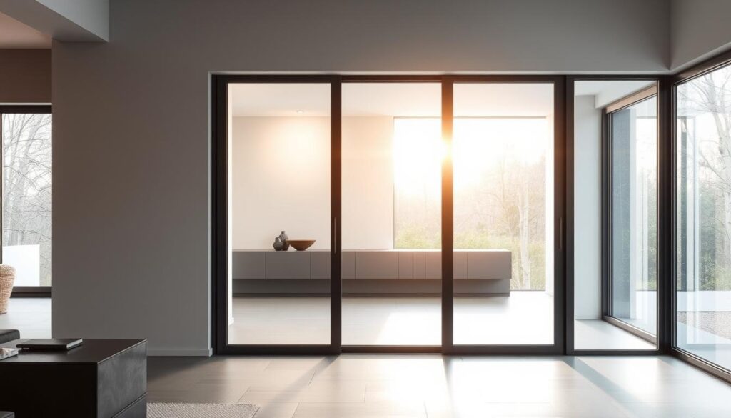 A sleek, modern glass sliding door with a minimalist frame, capturing the essence of the "Schiebetür" design. The door is illuminated by soft, natural lighting from large windows, casting a warm glow and highlighting the transparency of the glass panels. The door is set against a backdrop of a clean, contemporary interior, with muted colors and clean lines to emphasize the design's simplicity and functionality. The scene conveys a sense of elegance and sophisticated living, perfectly suited for the section on "Schiebetür, Drehtür oder Tür mit Lichtausschnitt? Systeme im Vergleich". A sleek, modern glass sliding door with a minimalist frame, capturing the essence of the "Schiebetür" design. The door is illuminated by soft, natural lighting from large windows, casting a warm glow and highlighting the transparency of the glass panels. The door is set against a backdrop of a clean, contemporary interior, with muted colors and clean lines to emphasize the design's simplicity and functionality. The scene conveys a sense of elegance and sophisticated living, perfectly suited for the section on "Schiebetür, Drehtür oder Tür mit Lichtausschnitt? Systeme im Vergleich".