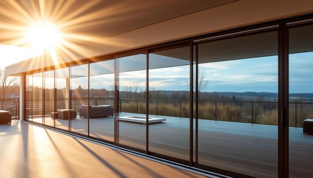 A sleek, modern glass sliding wall system designed for outdoor use, capturing the essence of "Wind, Regen, Spuren: Konstruktion für den Außenbereich". The frameless glass panels glide effortlessly on robust, weatherproof tracks, creating a seamless barrier against the elements. Subtle aluminum accents provide a touch of industrial chic, while the tempered glass radiates a crystalline clarity, reflecting the surrounding landscape. Dramatic lighting from above casts warm, ambient illumination, casting intricate shadows that dance across the surface. The overall composition exudes a sense of elegant functionality, perfectly suited for a high-end terrace or patio application.