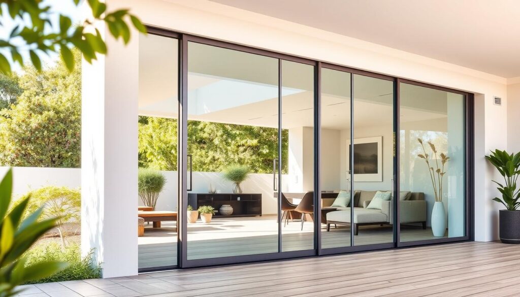 A sleek, modern glass sliding wall system with a minimalist design and a variety of color options to perfectly complement the surrounding terrace. Crisp, clean lines and a seamless frameless appearance create an airy, open feel. Subtle metallic accents on the handles and tracks add a touch of sophistication. The glass panels reflect the natural light, creating a bright, inviting atmosphere. The camera captures the wall system from a low angle, emphasizing its elegant, streamlined profile against a backdrop of lush greenery and warm, earthy tones. The overall scene exudes a sense of contemporary, nature-inspired style.