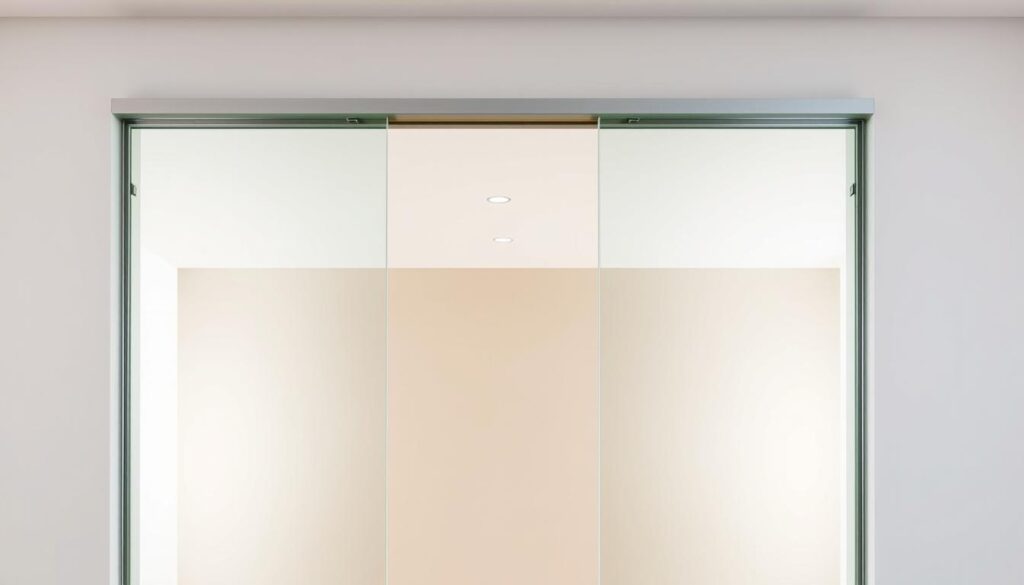 A sleek, modern glasschiebetür (glass sliding door) with a clean, minimalist design. The door is made of high-quality, tempered glass panels that appear to float effortlessly in a well-lit, contemporary interior. The lighting is soft and diffused, creating a warm, inviting atmosphere. The door's hardware, such as the handles and tracks, are discreet and seamlessly integrated into the design. The background features a neutral-toned wall, providing a simple, uncluttered backdrop that allows the glasschiebetür to take center stage. The overall scene exudes a sense of sophistication and elegance, perfectly capturing the essence of the "Material & Look: Glasschiebetür oder Holz - genau Ihr Stil" section.