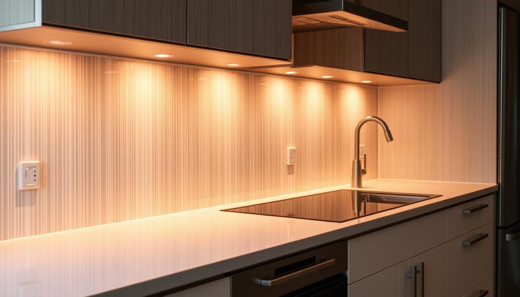A sleek, modern kitchen backsplash made of high-quality, premium materials. The surface has a lustrous, tempered glass finish that catches the warm, diffused lighting from above, creating a soft, inviting glow. The backsplash spans the entire width of the counter, seamlessly integrating with the surrounding cabinetry and appliances. The clean, minimalist design is accentuated by subtle, vertical lines that add depth and texture, while the edges are smoothly beveled for a refined, polished look. This backsplash is the perfect balance of form and function, providing a durable, easy-to-clean surface that elevates the kitchen's aesthetic appeal.