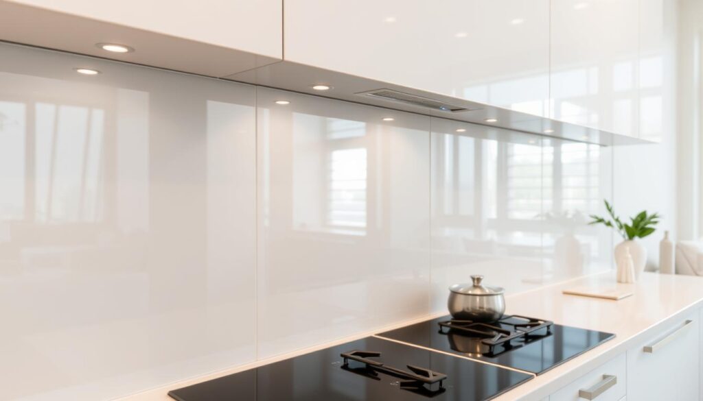 A sleek, modern kitchen backsplash made of tempered glass in a soft, muted shade of gray. The surface is smooth and reflective, capturing the warm light from the overhead fixtures. The glass panels are seamlessly joined, creating a clean, uninterrupted surface that stretches across the entire wall. The edges are beveled, adding a subtle touch of elegance. The backsplash reflects the contents of the kitchen, creating a sense of depth and fluidity. A hazy, diffused light emanates from the surface, giving it a serene, low-maintenance appearance. The backsplash is durable and easy to clean, requiring minimal effort to maintain its pristine condition.