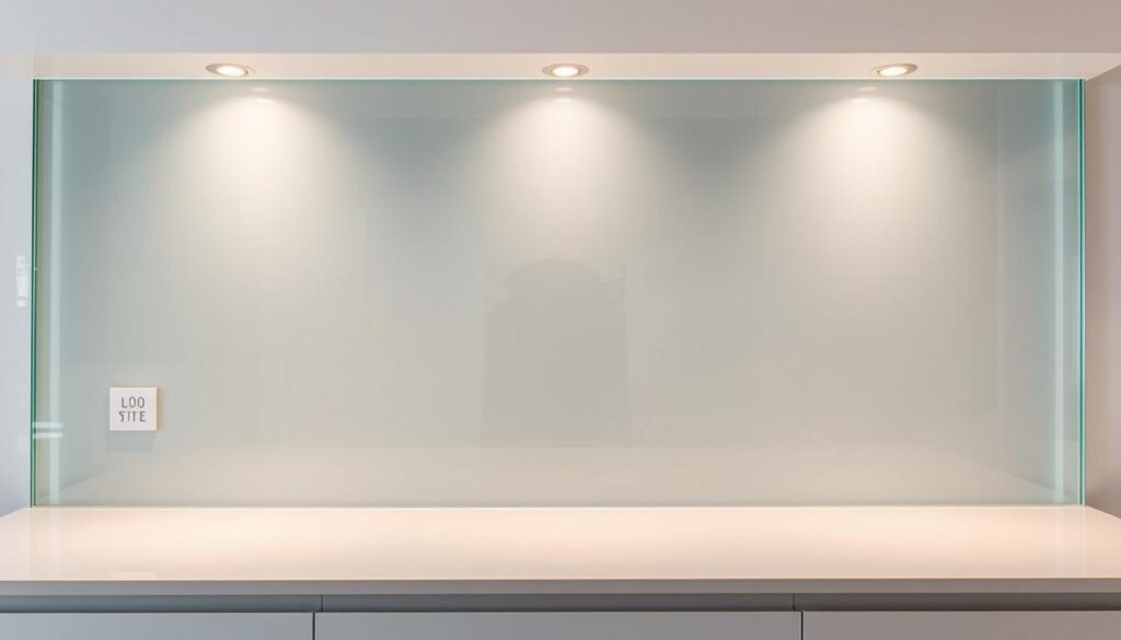 A sleek, modern kitchen backsplash made of tempered glass, showcasing its seamless, reflective surface. The glass panel spans the entire width of the countertop, providing a clean, minimalist aesthetic. Subtle lighting fixtures cast a warm glow, illuminating the glass and creating a soft, inviting ambiance. The glass has been meticulously measured and cut to fit the kitchen's dimensions, with precision edges and a flawless installation. The overall composition emphasizes the versatility and durability of glass as a material for kitchen backdrops, highlighting its ability to enhance the space with a touch of elegance and modernity.