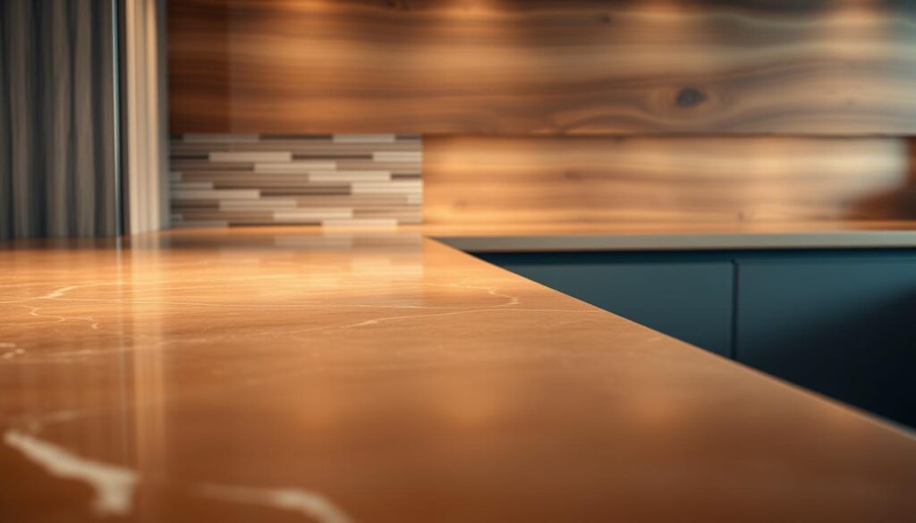 A sleek, modern kitchen backsplash with a captivating interplay of textures and colors. The foreground features a smooth, glossy surface in a warm, earthy tone, perhaps mimicking the look of natural stone or high-end marble. The middle ground showcases a subtly patterned, matte-finished tile, hinting at the versatility of design possibilities. In the background, a richly grained wood panel adds depth and visual interest, creating a harmonious blend of materials. Soft, directional lighting accentuates the surfaces, casting gentle shadows and highlights to bring out the nuances of the various design elements. The overall composition evokes a sense of sophistication and versatility, inspiring the viewer to explore the boundless options for customizing their kitchen backsplash.