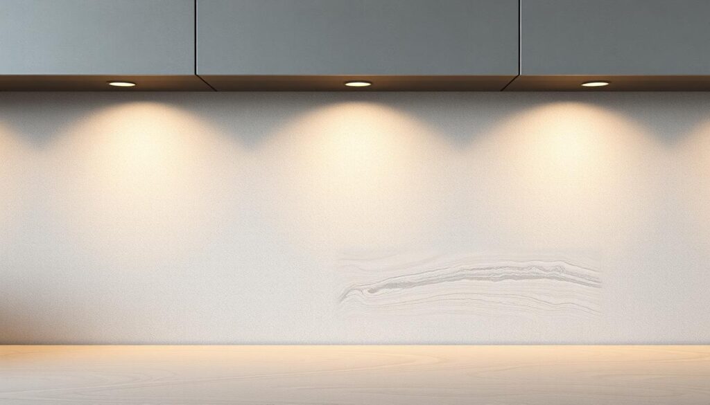 A sleek, modern kitchen backsplash with a striking oberflächen (surface) texture. The background features a smooth, matte concrete-like finish, complemented by subtle highlights and shadows that create depth and dimension. In the foreground, a captivating pattern emerges, resembling the intricate veining of high-quality marble or the natural striations of stone. The lighting is soft and diffused, casting a warm, inviting glow that accentuates the sophisticated, minimalist aesthetic. The overall composition evokes a sense of refined elegance and attention to detail, perfectly aligning with the "Design, Farben und Oberflächen: von Betonlook bis Marmor-Optik" theme.