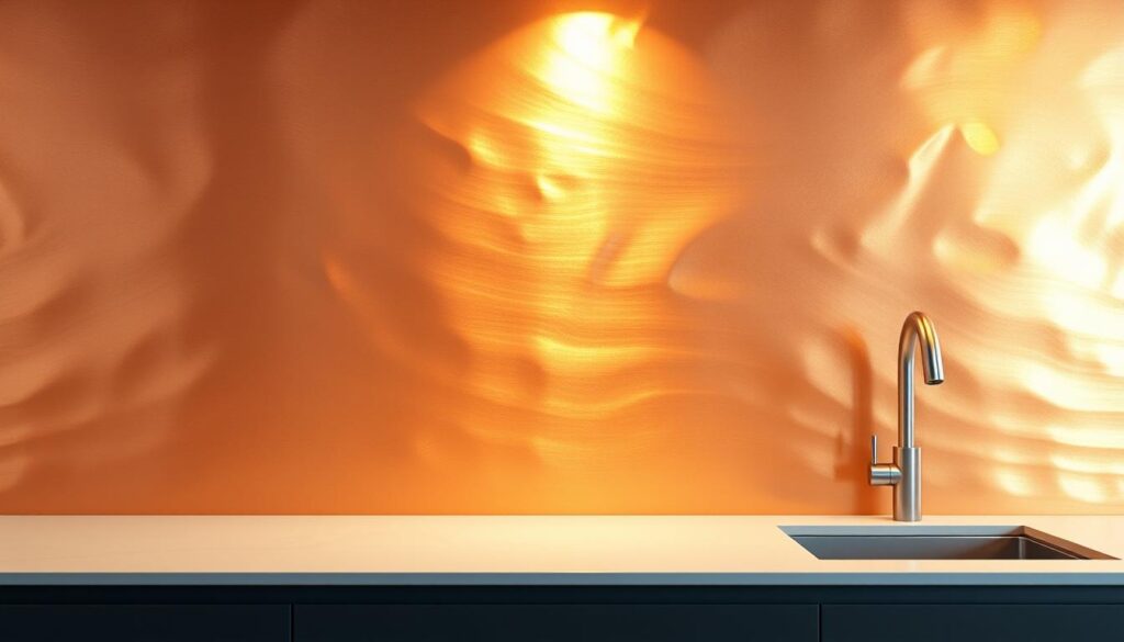 A sleek, modern kitchen backsplash with a vibrant, metallic surface texture. The surface reflects a spectrum of warm, shimmering hues - from burnished gold to rich copper, with hints of bronze and brass. The finish is a harmonious blend of matte and glossy elements, creating a captivating visual depth. Subtle variations in the color and finish mimic the natural irregularities of handcrafted materials, adding a sense of artisanal authenticity. The backsplash is evenly lit from multiple angles, accentuating the dynamic interplay of light and shadow across the undulating surface. The overall aesthetic conveys a luxurious, high-end feel that would complement a wide range of modern kitchen design styles.