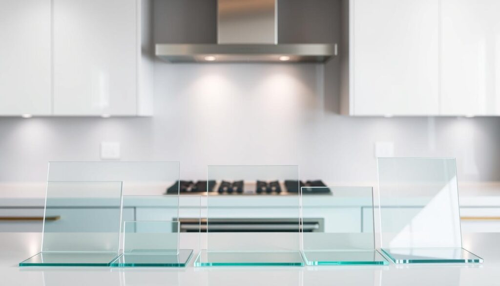 A sleek, modern kitchen countertop backdrop, showcasing a variety of custom glass splashback configurations. In the foreground, a selection of glass panels in different sizes, shapes, and thicknesses are displayed, allowing the viewer to envision the various customization options. The middle ground features a minimalist, well-lit kitchen setting, with clean lines and subtle hints of stainless steel appliances. The background blends seamlessly, creating a soft, diffused environment that emphasizes the versatility and elegance of the glass splashback solutions. The overall scene conveys a sense of contemporary design, tailored to the homeowner's preferences and seamlessly integrated into the kitchen's aesthetic.