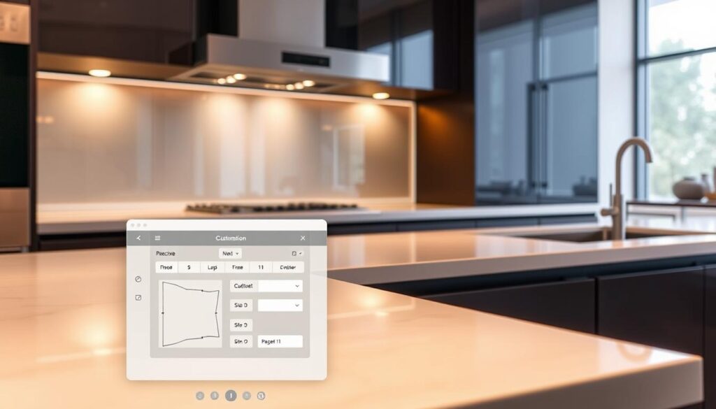 A sleek, modern kitchen countertop with a customizable glass backsplash, showcasing the seamless integration of form and function. The glass surface gleams under warm, overhead lighting, creating a sophisticated and inviting atmosphere. Subtle reflections dance across the surface, hinting at the versatility of the material. In the foreground, a graphical user interface displays a customization tool, allowing the user to input precise measurements, select desired cutouts and formats, and preview the final product. The interface is clean, intuitive, and emphasizes the personalized nature of the solution. The overall scene conveys a sense of precision, attention to detail, and the ability to tailor the kitchen environment to individual needs and preferences.