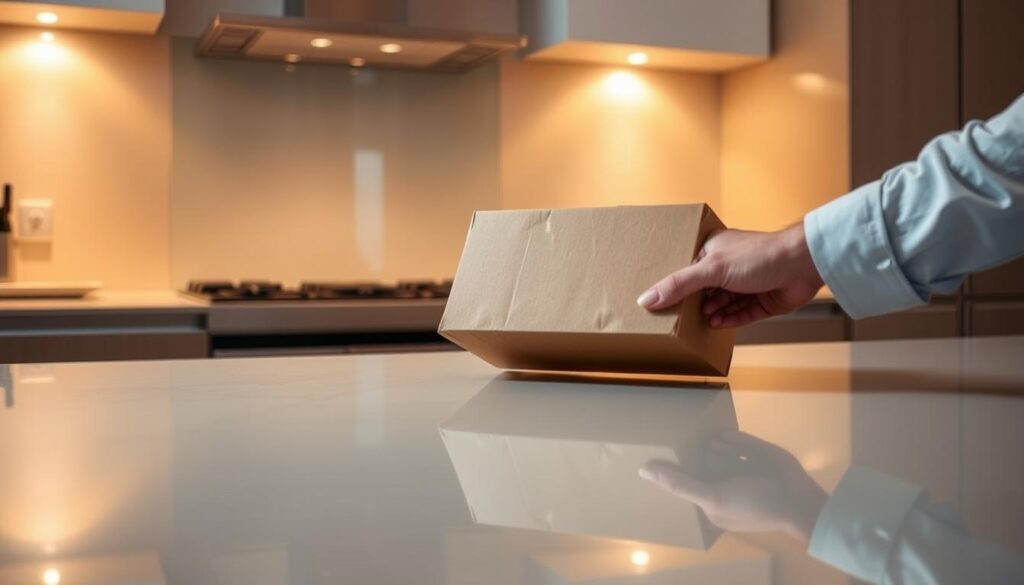 A sleek, modern kitchen countertop with a glass backsplash, illuminated by warm, soft lighting. The backsplash appears seamless, reflecting the clean lines of the kitchen design. In the foreground, a hand carefully places a delivery package on the counter, conveying a sense of reliability and professionalism. The scene exudes a feeling of efficiency and attention to detail, perfectly capturing the "Lieferung, Käuferschutz und Garantie" section of the article.