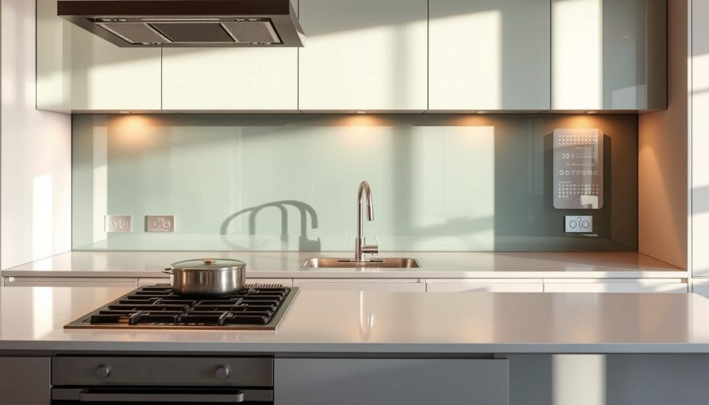 A sleek, modern kitchen featuring a glass splashback that spans the entire cooking area. The splashback is made of crystal-clear tempered glass, reflecting the warm lighting and gleaming stainless steel appliances. The glass seamlessly covers the hob, sink, and extends to the edges of the countertop, creating a cohesive, minimalist aesthetic. Subtle shadows and highlights accentuate the smooth, polished surface, giving it a high-end, bespoke appearance. The kitchen is bathed in a soft, natural light, casting a cozy, inviting atmosphere. The glass splashback effortlessly blends functionality and modern design, creating a visually stunning and practical focal point in the kitchen.