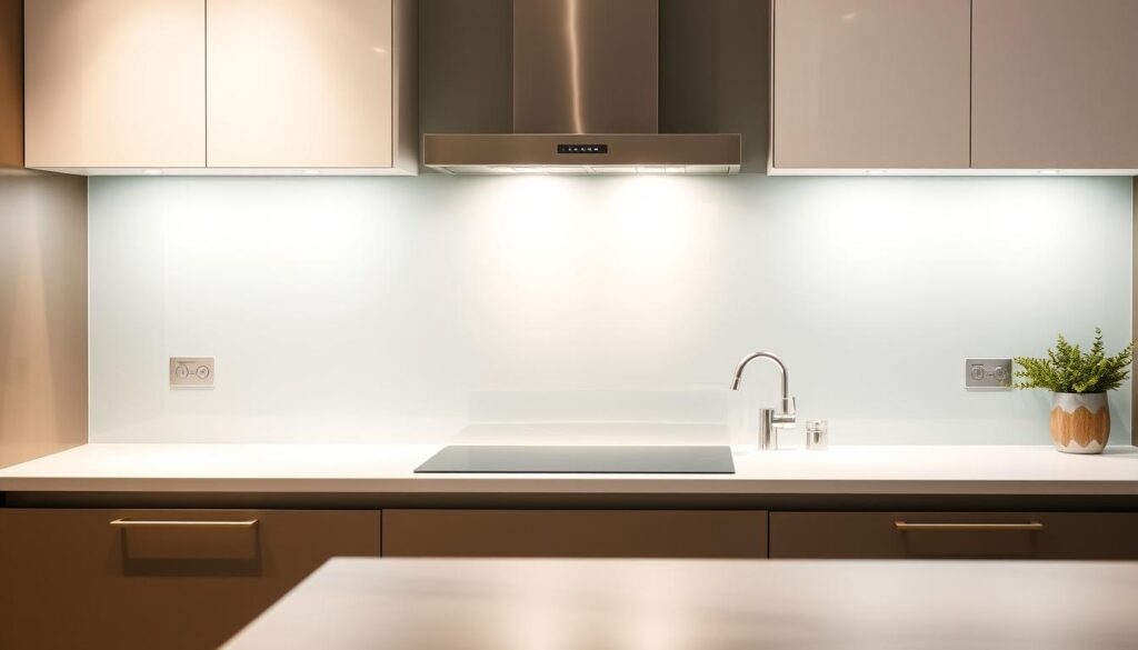 A sleek, modern kitchen featuring a pristine, frameless glass splashback that seamlessly blends with the surrounding cabinetry. The surface is evenly lit, showcasing its crystal-clear clarity and shimmering reflections. Fingerprints and grease stains are nowhere to be seen, as the glass radiates a spotless, effortlessly clean appearance. The lighting casts a warm, soft glow, creating a welcoming and inviting atmosphere. The overall scene conveys a sense of effortless maintenance and timeless sophistication, perfectly capturing the essence of easy cleaning and lasting brilliance. A sleek, modern kitchen featuring a pristine, frameless glass splashback that seamlessly blends with the surrounding cabinetry. The surface is evenly lit, showcasing its crystal-clear clarity and shimmering reflections. Fingerprints and grease stains are nowhere to be seen, as the glass radiates a spotless, effortlessly clean appearance. The lighting casts a warm, soft glow, creating a welcoming and inviting atmosphere. The overall scene conveys a sense of effortless maintenance and timeless sophistication, perfectly capturing the essence of easy cleaning and lasting brilliance.
