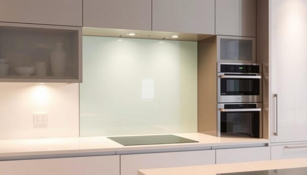 A sleek, modern kitchen showcases a precisely measured custom glass backsplash. The glass panels are meticulously cut to fit the alcove, creating a seamless, minimalist aesthetic. Soft, warm lighting from recessed fixtures casts a gentle glow, highlighting the glass's translucent quality and the kitchen's clean, elegant lines. The backsplash's surface is flawlessly smooth, reflecting the surrounding stainless steel appliances and glossy white cabinets. The overall scene exudes a sense of sophistication and attention to detail, perfectly complementing the article's focus on bespoke kitchen design solutions.