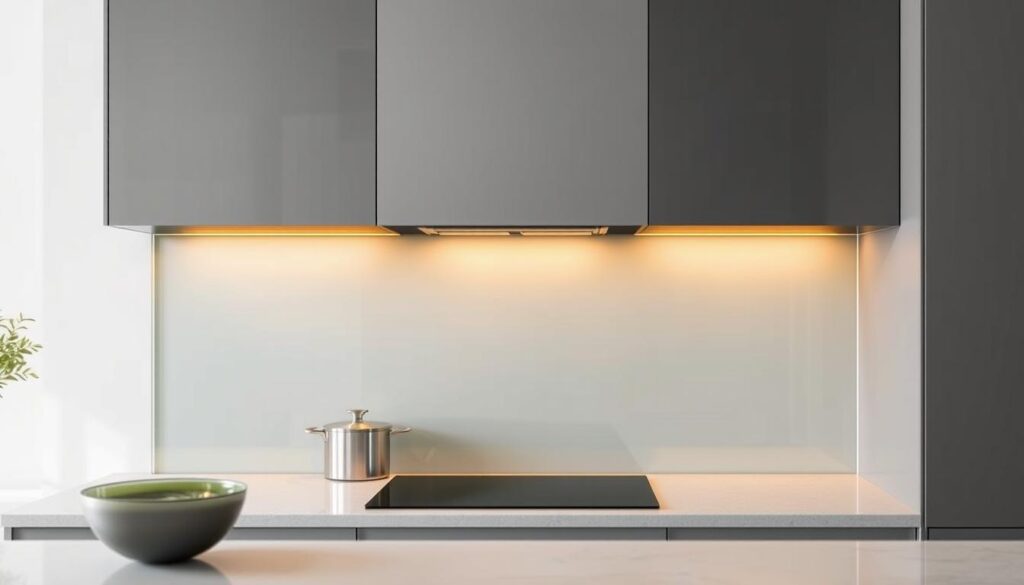 A sleek, modern kitchen with a custom glass backsplash that can be easily configured and installed. The backsplash features a minimalist, frameless design with a seamless, high-quality glass surface that reflects the warm, indirect lighting overhead. The glass has a subtle, frosted finish that provides a sense of depth and dimension, creating a clean and sophisticated look that complements the kitchen's overall aesthetic. The backsplash appears to be part of a comprehensive, integrated system that allows for easy customization and installation, showcasing the capabilities of the "projekt konfigurator rückwand" system.