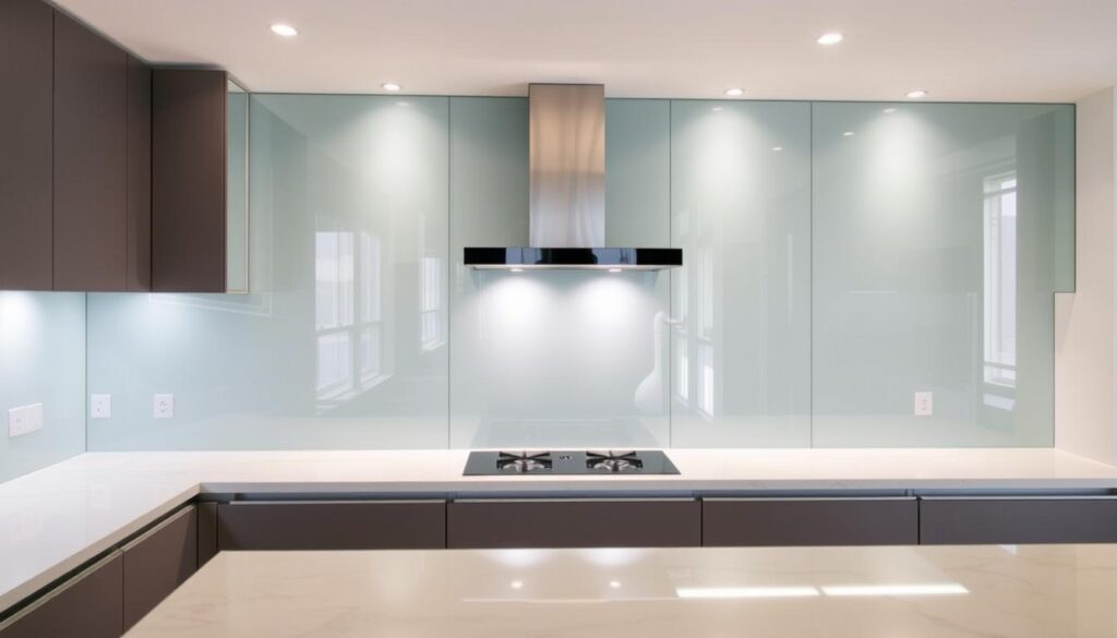 A sleek, modern kitchen with a custom glass backsplash that spans the entire wall. The glass panels have a semi-transparent, frosted finish, allowing a subtle play of light and reflection. The backsplash seamlessly integrates with the surrounding countertops and cabinetry, creating a cohesive and visually striking design. The lighting, both natural and artificial, casts a soft, even glow across the surface, accentuating the depth and texture of the glass. The overall aesthetic is one of understated elegance, with the backsplash serving as the focal point and centerpiece of the kitchen. The image should convey a sense of high-quality, easy installation, and a fair price point for the custom glass elements.