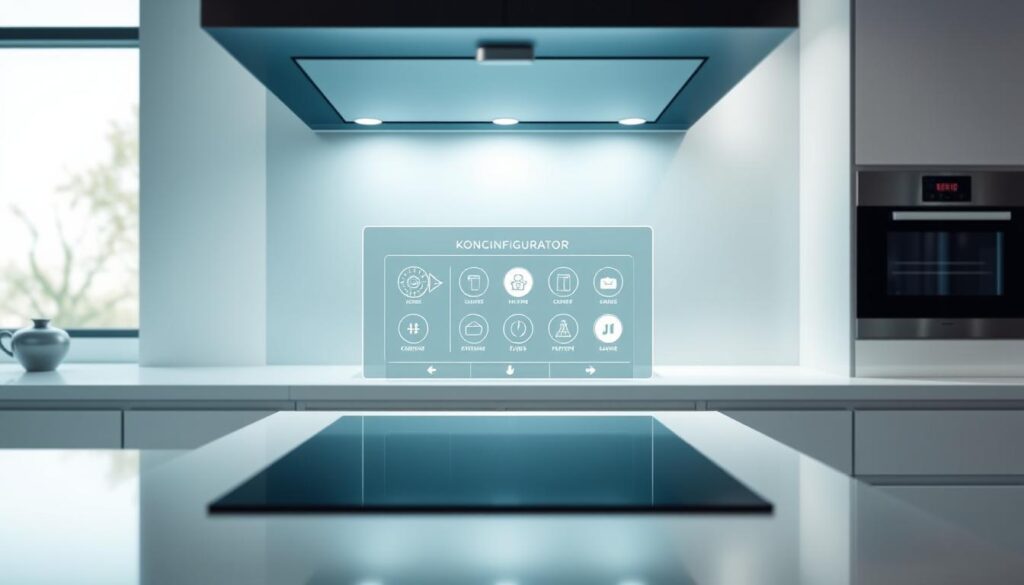 A sleek, modern kitchen with a customizable glass backsplash taking center stage. The backsplash appears as a high-resolution digital interface, showcasing a user-friendly "Konfigurator" tool. Bright, directional lighting highlights the glass surface, creating a clean, minimalist aesthetic. The Konfigurator display features intuitive controls, allowing the user to seamlessly design and preview their personalized kitchen backsplash. The surrounding kitchen environment remains softly blurred, placing the focus entirely on the interactive Konfigurator experience. The overall mood is one of efficiency, precision, and the seamless integration of technology into a contemporary kitchen setting.