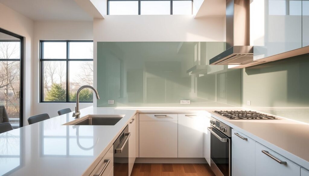 A sleek, modern kitchen with a glass backsplash that stretches from the countertop to the ceiling, reflecting the bright natural light streaming in through large windows. The glass surface is free of any visible frames or edges, creating a seamless, minimalist aesthetic. The glass has a smooth, glossy finish that showcases its high-quality craftsmanship and durability. The backsplash extends across the entire width of the kitchen, offering ample protection from splashes and spills while enhancing the overall elegance of the space. The kitchen is meticulously organized, with stainless steel appliances and clean, contemporary cabinetry providing a sleek, cohesive look. The lighting casts a warm, ambient glow, highlighting the glass backsplash's unique properties and creating a cozy, inviting atmosphere.