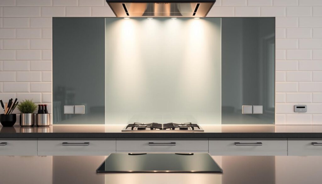 A sleek, modern kitchen with a glass splashback (Spritzschutz) as the focal point. The glass panel reflects the warm, indirect lighting, creating a soft, inviting ambiance. The background features a minimalist, white-tiled wall, allowing the glass to take center stage. The foreground showcases stainless steel appliances and a clean, uncluttered countertop, highlighting the glass splashback's seamless integration into the overall kitchen design. The scene conveys a sense of elegance, functionality, and the superior protection a glass splashback offers compared to a traditional tile backsplash.