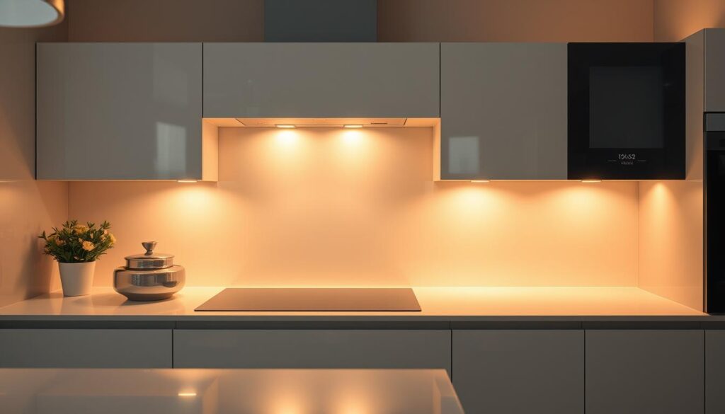 A sleek, modern kitchen with a gleaming, easy-to-clean glass backsplash. The backsplash features a smooth, seamless surface that reflects the warm lighting, creating a luminous, hygienic ambiance. The glass is adorned with a subtle, minimalist pattern that adds visual interest without distracting from the overall clean, minimalist aesthetic. The kitchen is bathed in soft, directional lighting that accentuates the backsplash's reflective properties, making it appear almost ethereal. The scene conveys a sense of sophistication, cleanliness, and attention to detail, perfectly encapsulating the "pflegeleicht und hygienisch" theme.