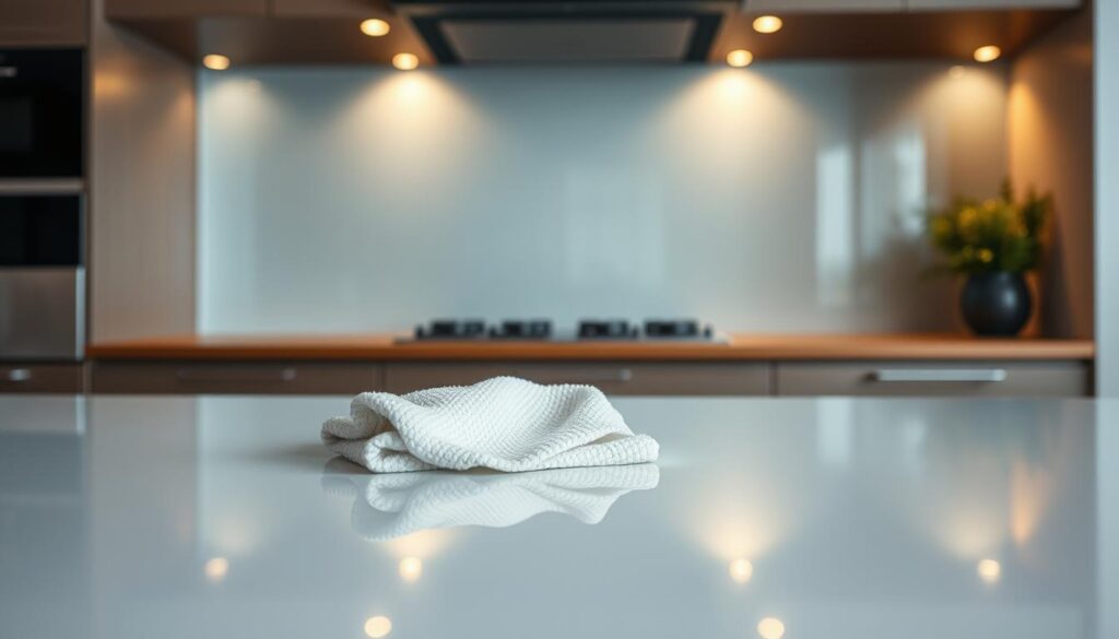 A sleek, modern kitchen with a pristine glass splashback in the foreground, reflecting the warm, indirect lighting from above. The glass surface gleams, its smooth, unblemished surface catching the light beautifully. In the middle ground, a microfiber cloth hovers, ready to gently wipe away any spills or fingerprints, restoring the splashback's lustrous finish. The background fades into a softly blurred, minimalist kitchen setting, allowing the focus to remain on the effortless cleaning and maintenance of this high-quality glass splashback.