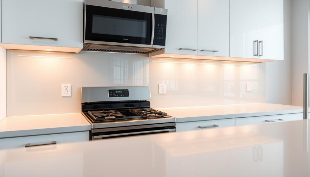 A sleek, modern kitchen with a seamless glass backsplash. The glass panel, precisely cut to custom dimensions, reflects the warm kitchen lighting, creating a mirrored effect that enhances the spacious, high-end aesthetic. The glass surface is smooth and unblemished, allowing the natural texture and beauty of the material to shine. The backsplash extends from the countertop to the upper cabinets, providing a cohesive, high-end look. A minimalist stainless steel appliance and clean white cabinetry complement the glass, creating a harmonious, luxurious kitchen design. A sleek, modern kitchen with a seamless glass backsplash. The glass panel, precisely cut to custom dimensions, reflects the warm kitchen lighting, creating a mirrored effect that enhances the spacious, high-end aesthetic. The glass surface is smooth and unblemished, allowing the natural texture and beauty of the material to shine. The backsplash extends from the countertop to the upper cabinets, providing a cohesive, high-end look. A minimalist stainless steel appliance and clean white cabinetry complement the glass, creating a harmonious, luxurious kitchen design.