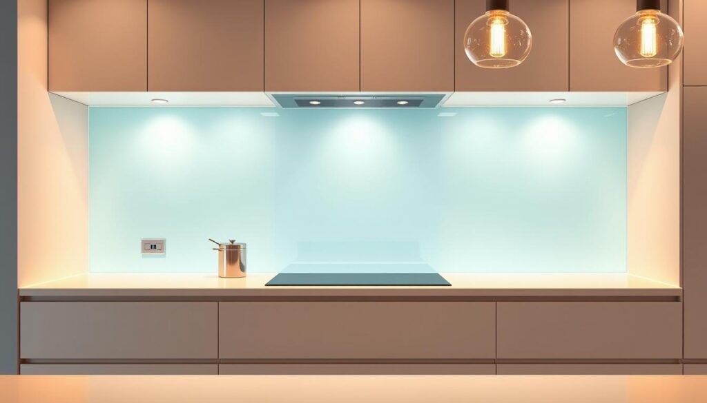 A sleek, modern kitchen with a striking glass backsplash that seamlessly blends form and function. The glass panel reflects the warm lighting, casting a soft, ambient glow throughout the space. The surface is smooth and flawless, with a subtle texture that adds depth and visual interest. The glass backsplash extends from the countertop to the upper cabinets, creating a cohesive and streamlined look. The kitchen is illuminated by a combination of recessed lighting and pendant fixtures, casting a warm, inviting atmosphere. The glass backsplash serves as a durable, easy-to-clean surface that complements the sleek, minimalist design of the kitchen. The entire scene is captured in a high-resolution, photorealistic rendering that showcases the quality and craftsmanship of the glass backsplash solution.