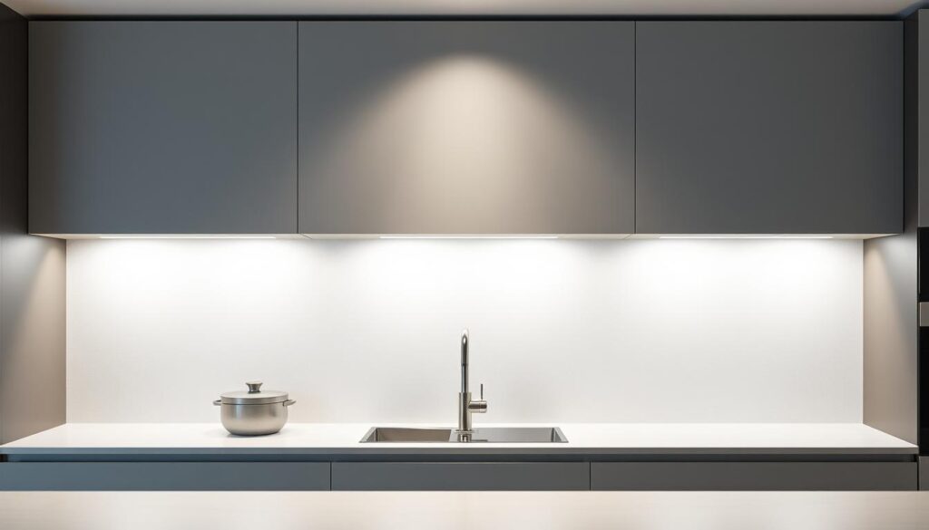 A sleek, modern kitchen with a striking kunststoff rückwand in the background. The surface has a subtle textured finish, creating a tactile and sophisticated look. Soft, diffused lighting from overhead illuminates the smooth, seamless panel, highlighting its durable and low-maintenance properties. The rückwand stretches across the full width of the kitchen, providing a clean, uninterrupted backdrop for the culinary workspace. Minimal hardware and a lack of visible seams emphasize the material's versatility and the streamlined, contemporary aesthetic. The overall scene conveys a sense of practicality, efficiency, and timeless design.