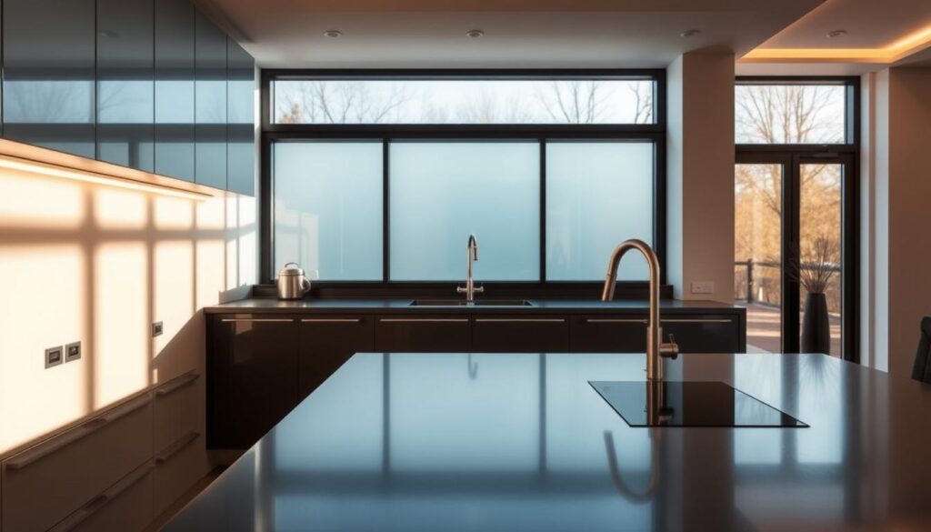 A sleek, modern kitchen with a stunning glass backsplash that extends from the countertop to the ceiling, casting a luminous glow throughout the space. The glass panel is seamlessly integrated, creating a smooth, uninterrupted surface that reflects the natural light streaming in from the large windows. The backsplash is free of any visible seams or hardware, giving it a clean, minimalist appearance. The kitchen is bathed in warm, soft lighting, accentuating the depth and clarity of the glass. The overall scene conveys a sense of elegance, sophistication, and attention to detail, showcasing how a glass backsplash can transform the look and feel of a kitchen. A sleek, modern kitchen with a stunning glass backsplash that extends from the countertop to the ceiling, casting a luminous glow throughout the space. The glass panel is seamlessly integrated, creating a smooth, uninterrupted surface that reflects the natural light streaming in from the large windows. The backsplash is free of any visible seams or hardware, giving it a clean, minimalist appearance. The kitchen is bathed in warm, soft lighting, accentuating the depth and clarity of the glass. The overall scene conveys a sense of elegance, sophistication, and attention to detail, showcasing how a glass backsplash can transform the look and feel of a kitchen.
